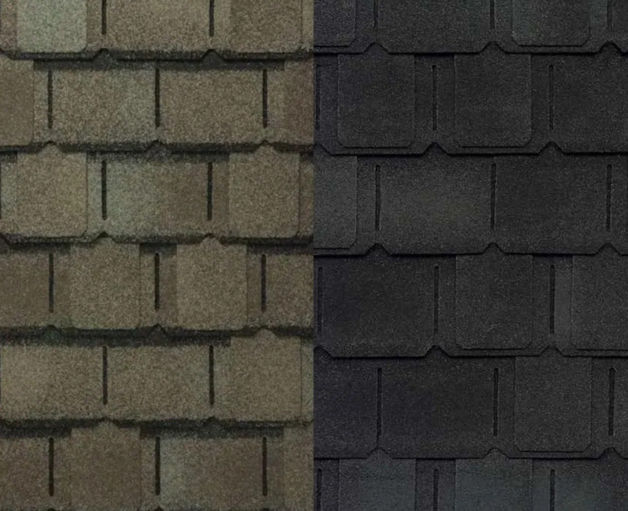 Brown and black roof shingles side by side. Different colored roofing options.