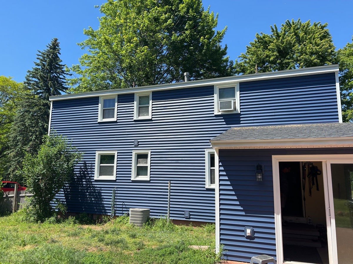 Blue house with white trim
