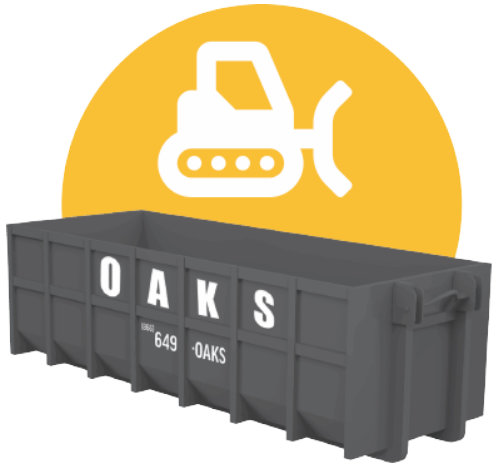 A gray dumpster with the word Oaks on it