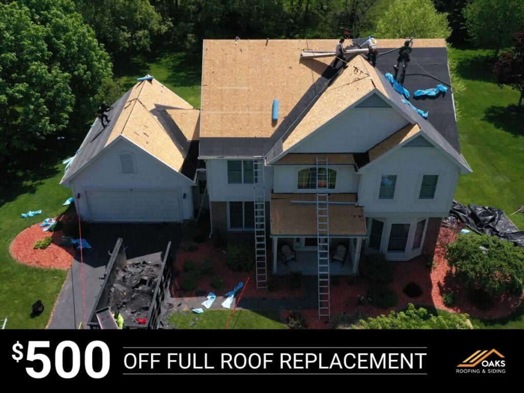 House with roof under construction. Get $500 off full roof replacement.