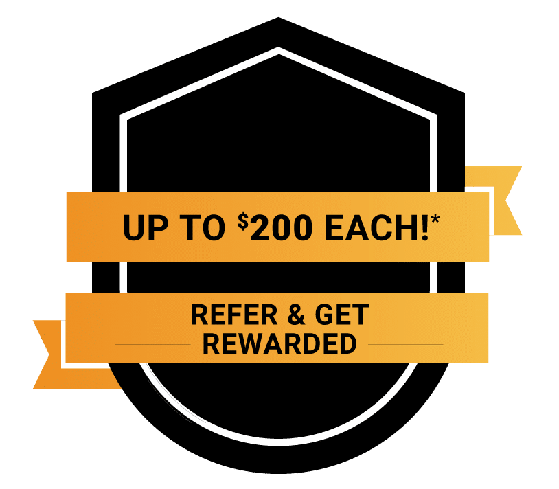 A grey badge with a banner reading up to $200 each and refer and get rewarded