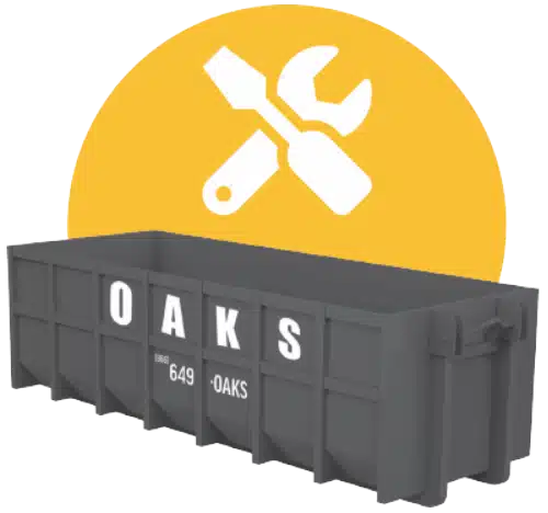 A gray dumpster with Oaks logo and a yellow circle with a white wrench and screwdriver icon