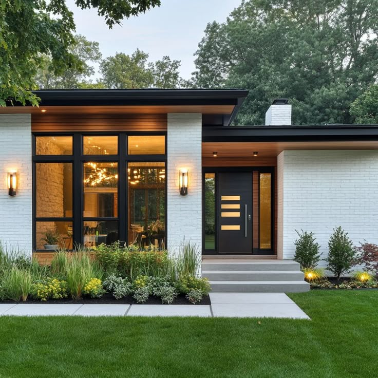 A modern white house with black accents and a well-manicured green lawn. The house features large windows and a black front door.