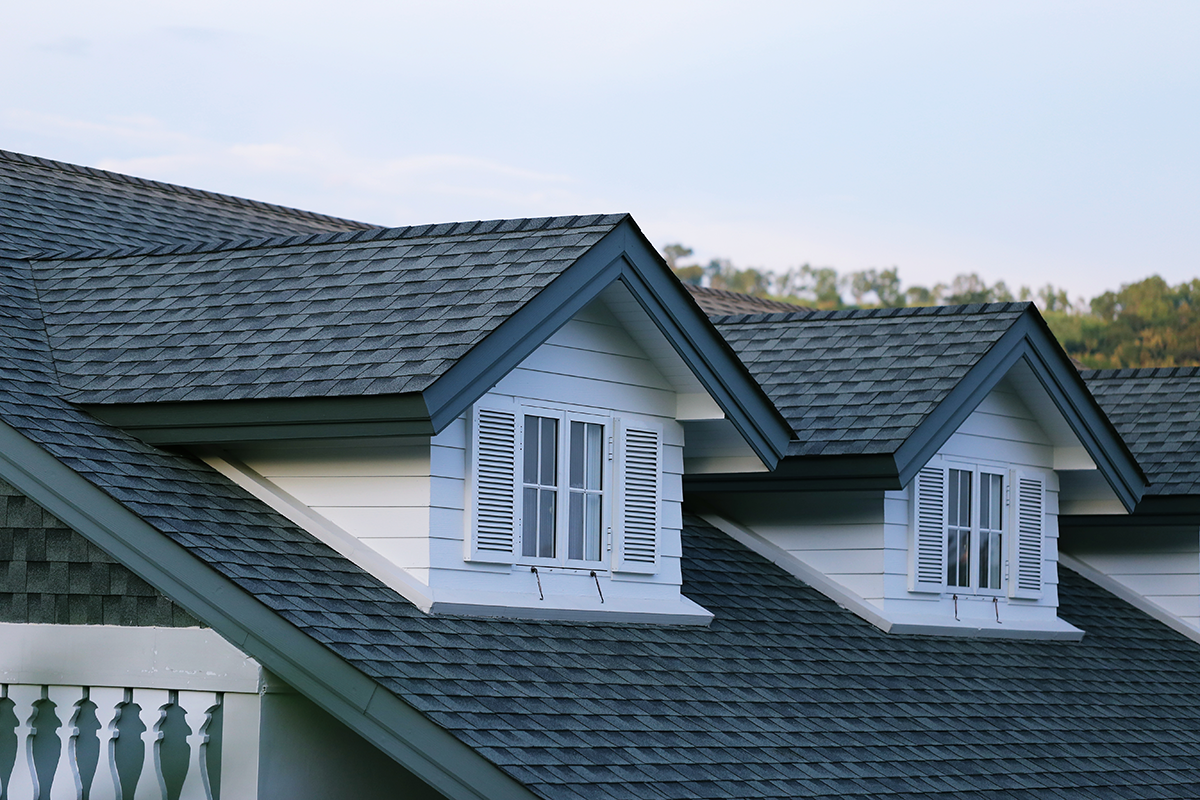 A roof with two dormer windows and gray shingles. The windows have white frames and shutters.