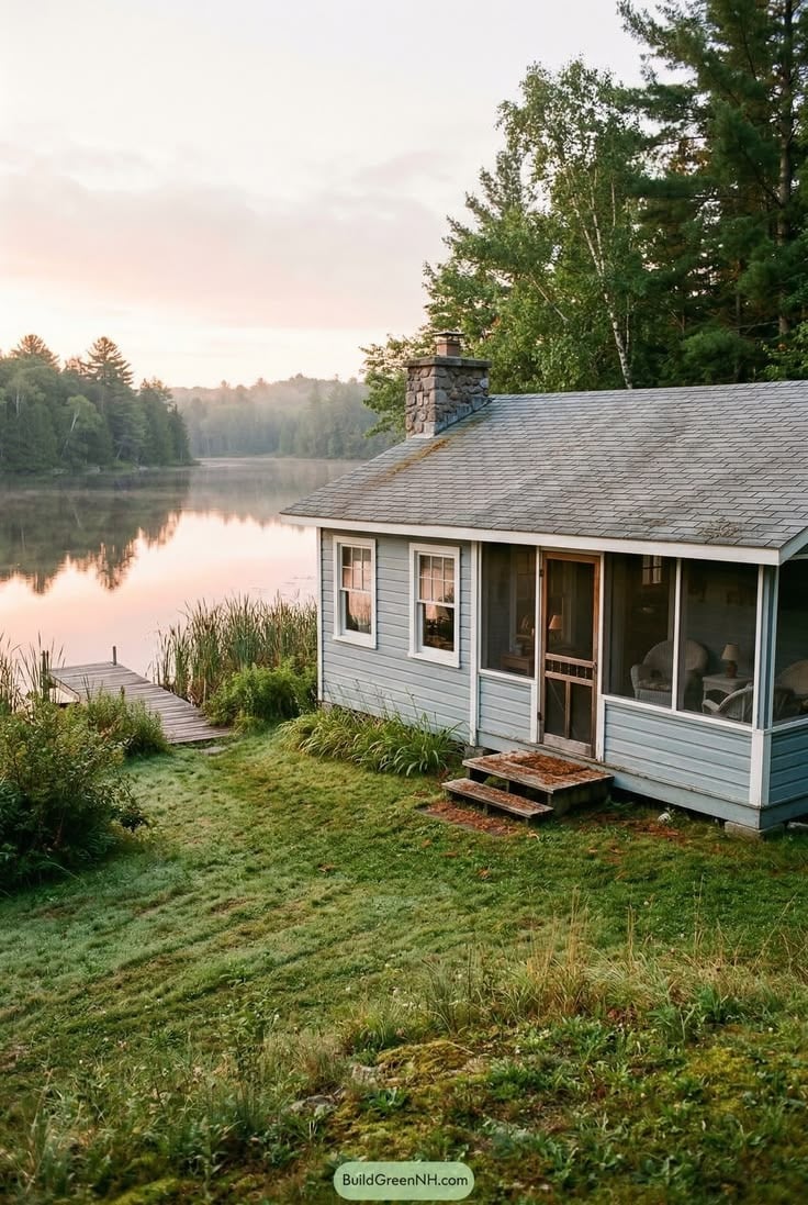 A small lakefront cottage with a screened porch. The cottage is surrounded by trees and grass.
