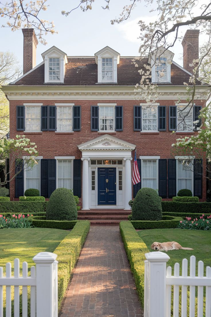 A dog lies on the lawn of a classic American home with a white picket fence.