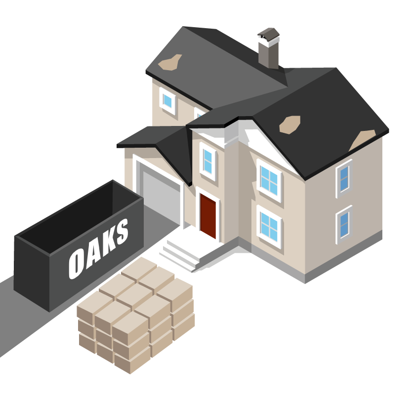 A house with a damaged roof next to a dumpster and lumber