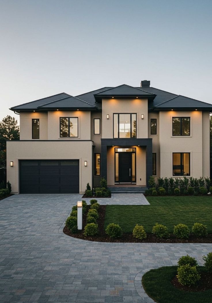 A large, modern two-story house with a well-manicured lawn and driveway. The house features a beige exterior with black trim and a dark roof.