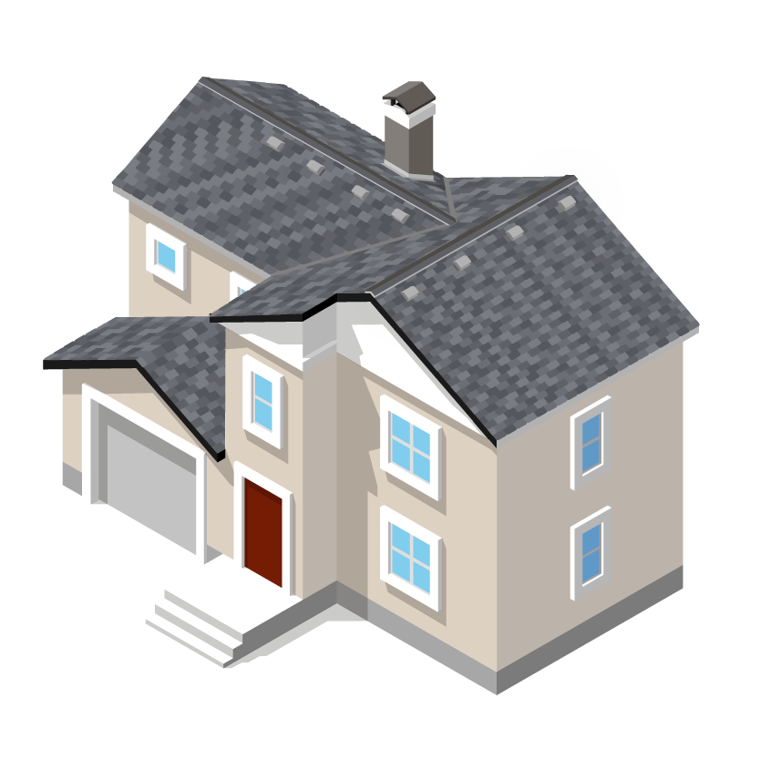 A beige two-story house with a gray roof and white trim. The house features a red front door and a garage.