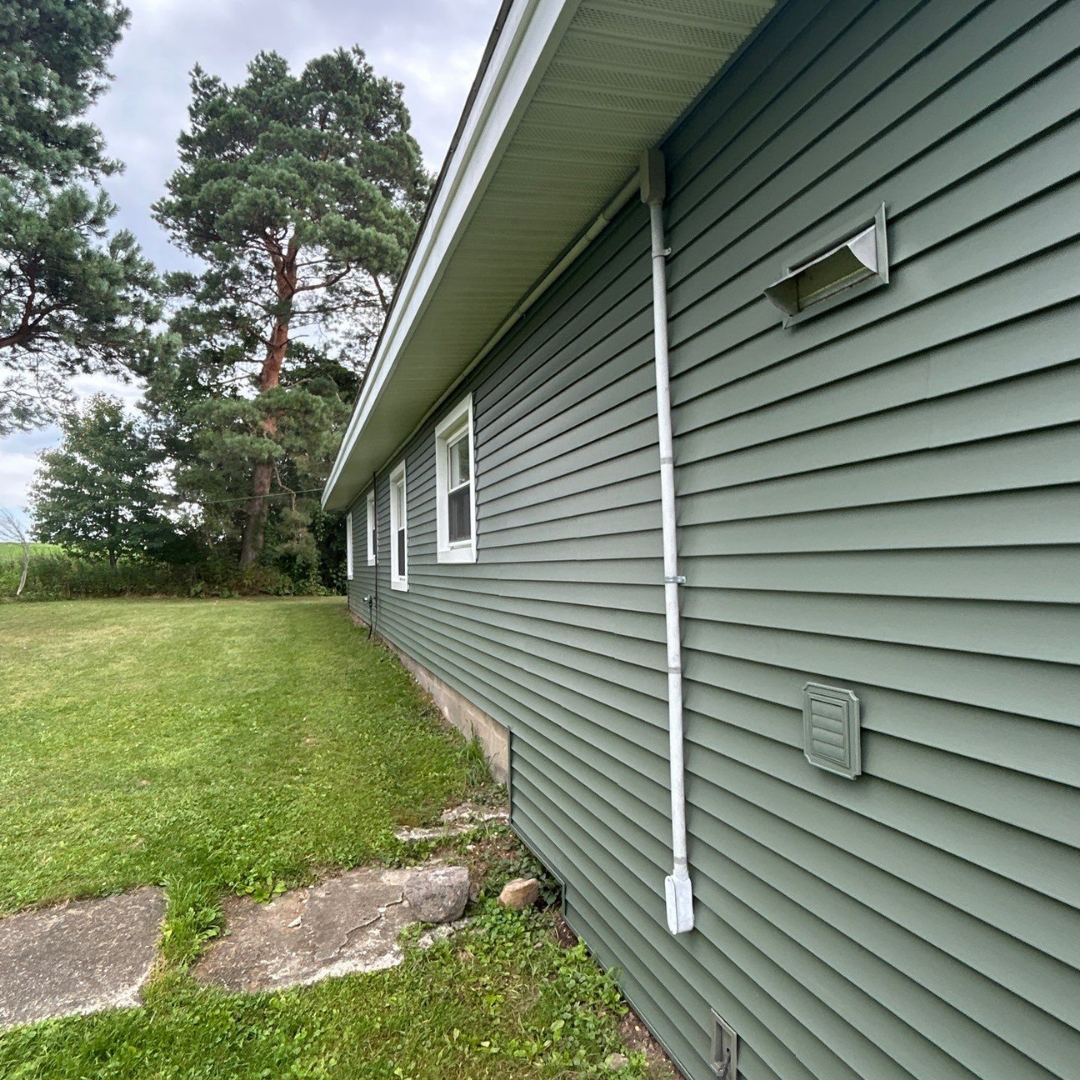 Side view of a green house with white trim, surrounded by tall pine trees and a grassy lawn.