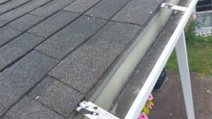 A view of a roof with asphalt shingles and a gutter with a gutter guard installed. The gutter guard is secured in place along the edge of the roof.