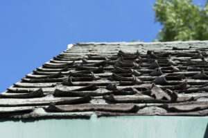 A close-up view of traditional terracotta roof tiles on a pitched roof against a clear blue sky, showing weathered textures and green wall details.
