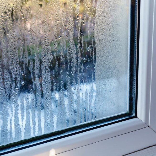 Close-up of a foggy window with water droplets.