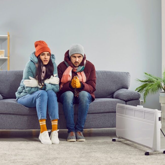 Couple sitting on couch wearing winter clothing. They are sitting next to an electric heater.