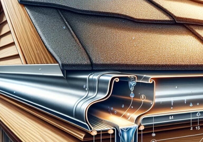 A gutter system installed on a house with a roof. Gutters help direct water flow.