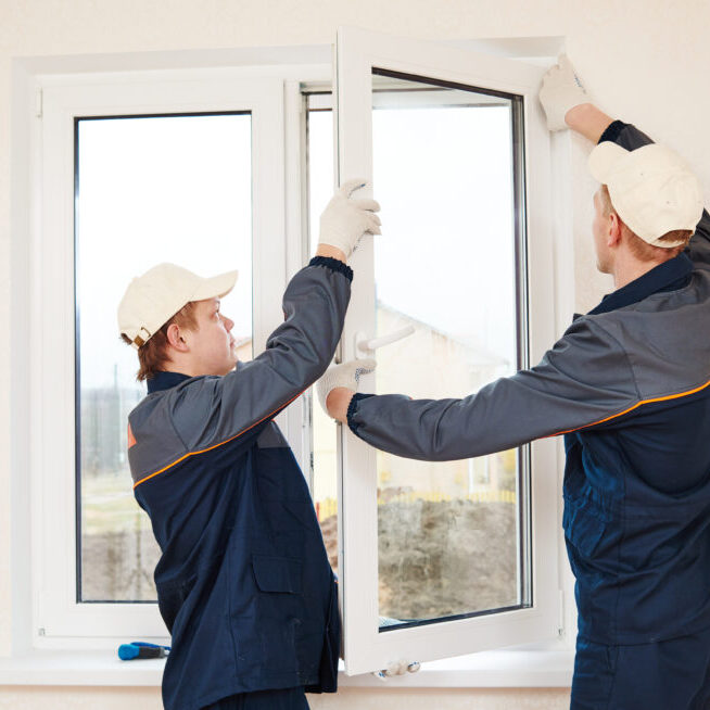 Two construction workers in uniform installing a large window frame
